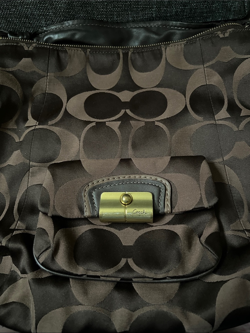 Coach Dark Brown Signature Canvas Shoulder Bag with Gold-Tone Hardware